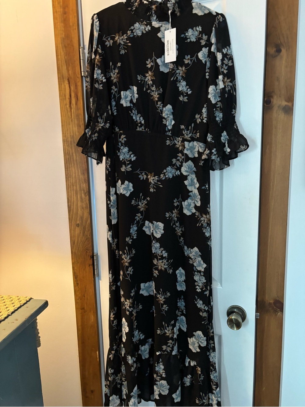 Black Floral Maxi Dress with Light Blue Flowers
